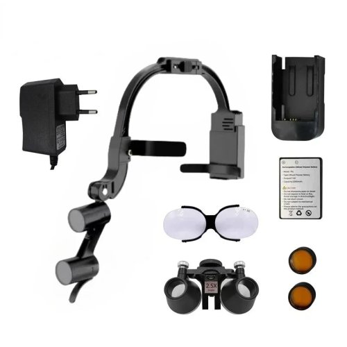 Đèn đội đầu LED nha khoa kèm kính lúp hai mắt 2,5x/3,5x — đèn phẫu thuật phóng đại cho nha sĩ, bác sĩ răng hàm mặt và phòng lab