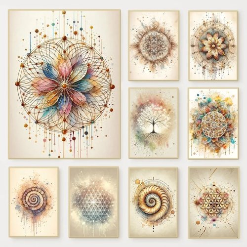 Toile sans cadre bohème « Fleur de Vie » – Géométrie sacrée, poster méditation énergie positive, déco murale pour salon