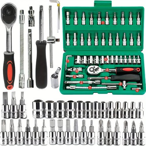 46-teiliges Steckschlüssel-Set 1/4"-Antrieb – Knarre, Stecknüsse (mm & Zoll), Innensechskant-Bits für Auto und Haushalt