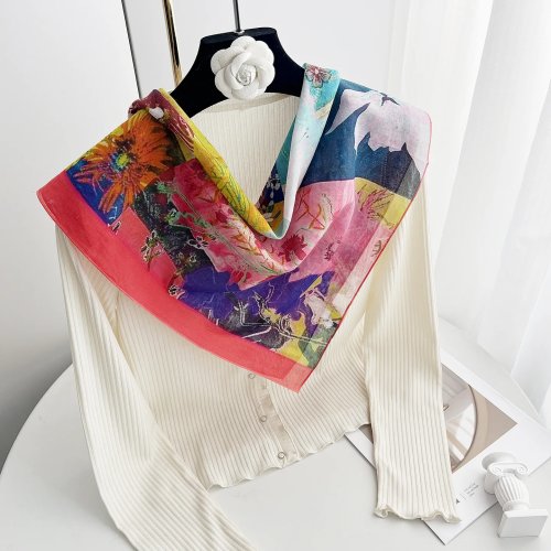 Lenço quadrado 65 cm para mulher – Estampa floral em aguarela, leve, xale vintage para primavera/verão