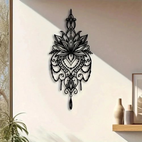 Decoração de Parede Mandala Lótus Negra em Acrílico 19×39 cm – Adorno metálico suspenso para Yoga, Meditação, Casa e Escritório
