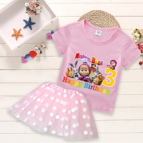Vestido tipo camiseta para niña Masha y el Oso verano, falda de lunares, cuello redondo con estampado 1–9 — regalo de cumpleaños