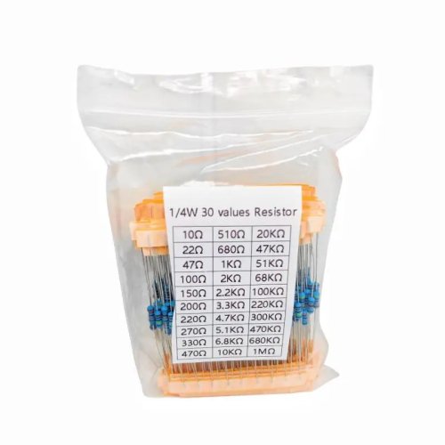 메탈필름 저항 키트 30종, 300/600개 세트 — 1/4W 1% 공차 (예: 220Ω, 1K, 10K, 100K, 1M)