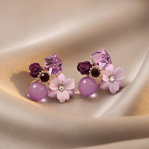 Pendientes de plata 925 con flor de cristal morado y piedra ojo de gato — estilo vintage para mujer