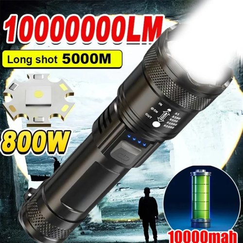 Taktyczna latarka LED 2000 lm, wysoka moc, ładowanie USB, zoom, wskaźnik/wyświetlacz, do biwakowania, wędkowania i zastosowań awaryjnych