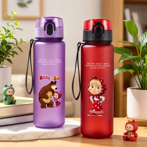 Gourde 650 ml Masha et Michka pour enfants — Bouteille sport imprimée mignonne, anti-choc et portable, pour extérieur/fitness, idée cadeau