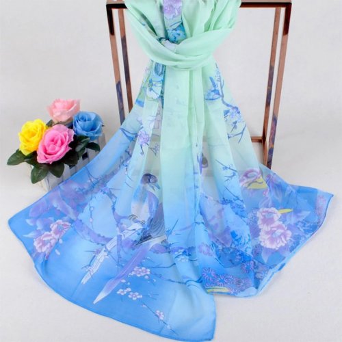 Lenço longo em chiffon com padrão floral, grande tamanho, proteção solar, toque sedoso e respirável, xale de praia feminino