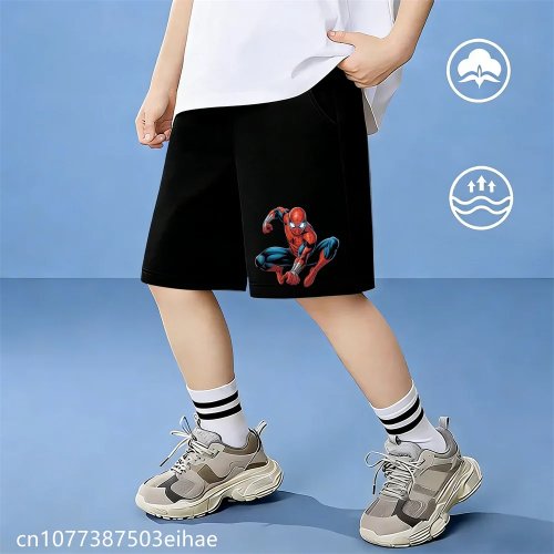 キッズコットンショートパンツ（クモ柄） — 通気性良好、ゆったりシルエット、ウエストゴム、夏用、幼児〜ティーン向け
