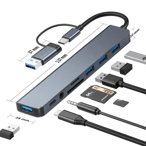 Hub USB‑C 8 in 1 – 4 porte USB‑A, 1 porta USB‑C, lettore SD/TF e uscita audio – compatibile con MacBook