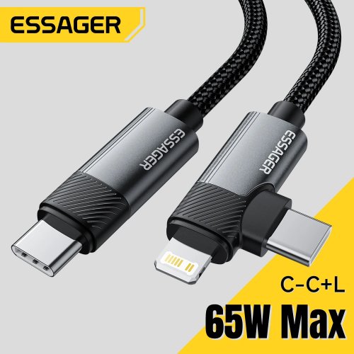 كابل Essager طراز PD 65W 2‑في‑1 USB‑C إلى USB‑C وLightning للشحن السريع ونقل البيانات، متوافق مع iPhone 14/13/12/11 Pro Max وSamsung وXiaomi