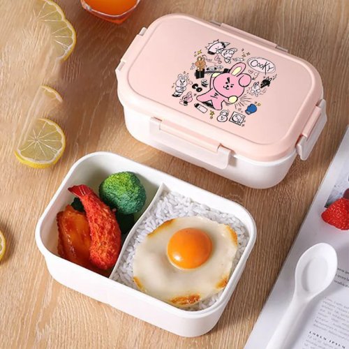 กล่องข้าว BT21 เก็บอุณหภูมิ ทำจากพลาสติก – กล่องใส่ข้าวพกพา (COOKY, TATA, RJ) สำหรับโรงเรียน ปิคนิค สำนักงาน