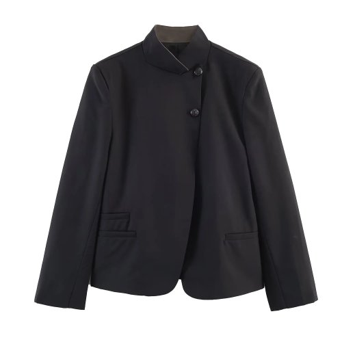 Blazer/giacca donna Estate 2026 collo alto con fibbia e tasche, manica lunga, stile retrò casual