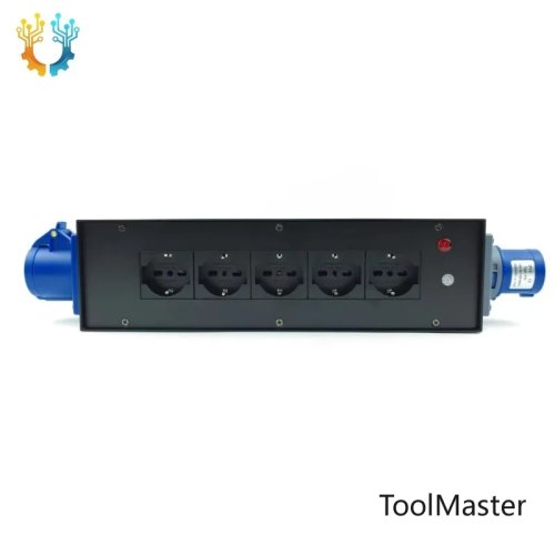 Kotak Distribusi Daya Panggung 16A (2026) — Colokan CEE masuk/keluar ke 5 soket Schuko, power strip portabel untuk acara live