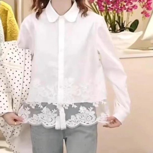 Blusa bianca taglie comode con inserti in pizzo, stile coreano, manica lunga, vestibilità morbida ed effetto snellente, elegante