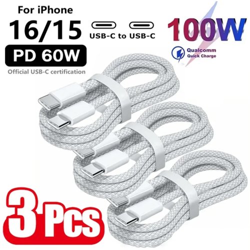 Pack 3 Cabos USB-C para USB-C 100W Carregamento Rápido PD para iPhone 15/16, Samsung, Xiaomi, Huawei