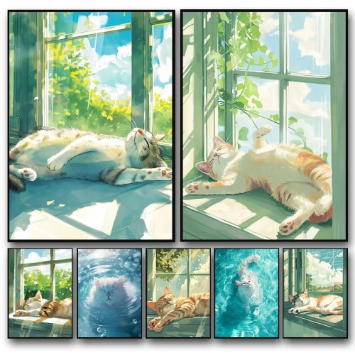 Kit Diamond Painting – Póster Gato Preguiçoso a Dormir no Peitoril da Janela