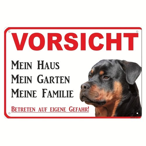 Letrero metálico de advertencia Rottweiler 'My House My Garden My Family' 30x20 cm – placa decorativa para pared (texto en alemán)