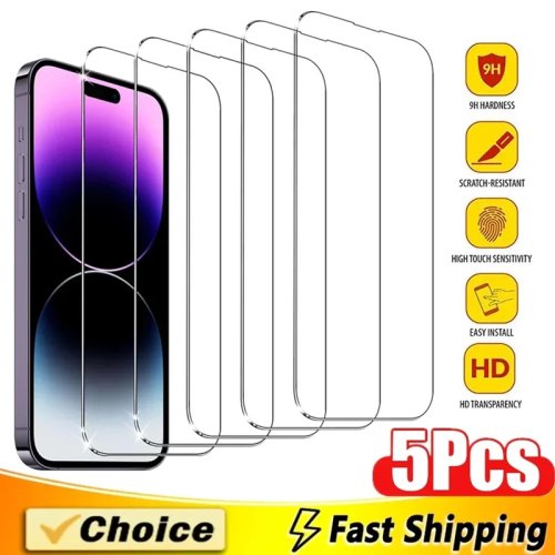 طقم 5 واقيات شاشة من زجاج مقسّى (Tempered) لهواتف iPhone (8, X, XR, XS, 11, 12, 13, 14, 15, 16, 17) — متوافق مع Mini/Pro/Pro Max