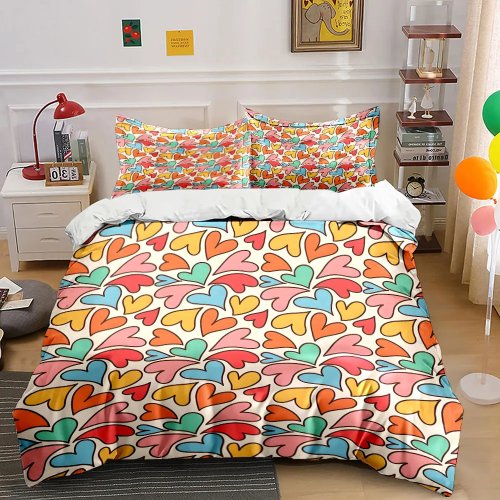 Conjunto de roupa de cama 3 peças com corações coloridos — Decoração Dia dos Namorados para quarto infantil e adulto, presente
