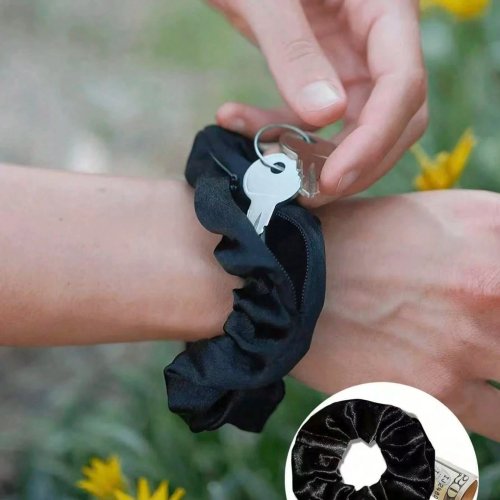 Velvet Scrunchie Hair Tie with Hidden Zip Pocket — Elastic Headband to Store Keys, Cash & Lipstick