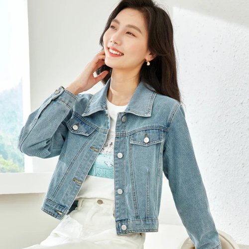 Casaco ganga curto vintage VIMLY para mulher – ganga lavada macia, casaco casual de primavera
