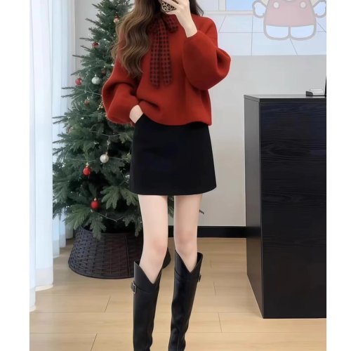 Maglione donna in maglia stile coreano, taglio ampio, rosso — leggero per primavera/autunno