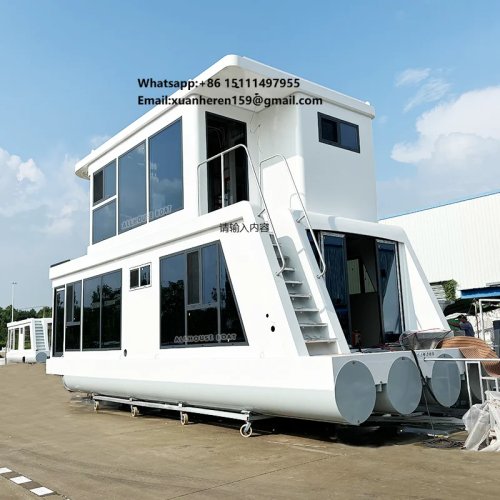 Luxury aluminum houseboat with outboard motor — river fishing & watersports yacht