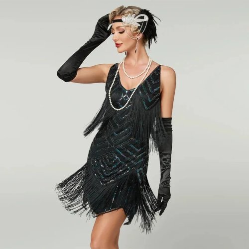 Robe courte flapper années 1920 grande taille style Gatsby, sequins, perles et franges
