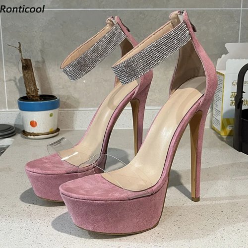 Ronticool women's summer stiletto sandals — ankle-wrap, open toe, pink/red party heels, US sizes 5–20