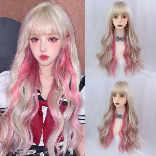VICWIG Parrucca lunga ondulata sintetica rosa da donna con frangia, morbida e resistente al calore - ideale per cosplay, party e uso quotidiano