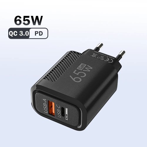 Cargador GaN 65W USB-C (QC3.0) — Adaptador de pared carga rápida para iPhone, Samsung, Xiaomi, Huawei