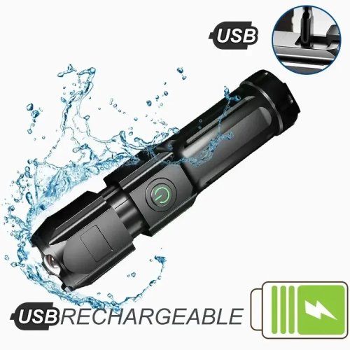 Powerful USB rechargeable LED tactical flashlight with built-in lithium battery, waterproof and zoom focus — ideal for camping, fishing & hunting