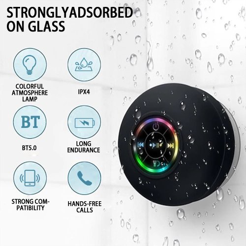 Mini coluna Bluetooth portátil — à prova de água IPX4, LED, ventosa grande, para exterior, casa de banho e viagem