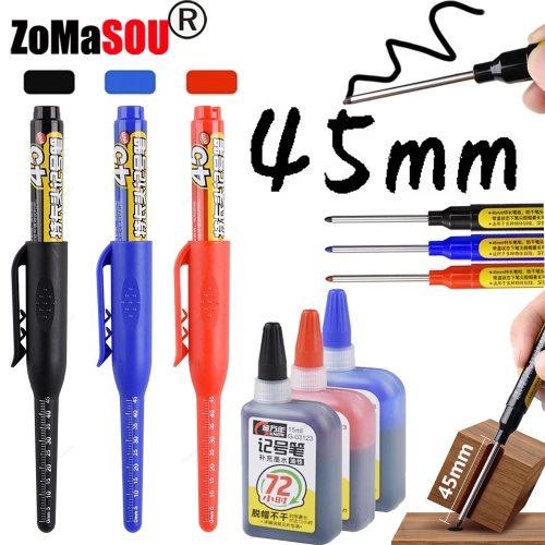 Marker z długą końcówką 45 mm 1–6 szt., wodoodporny do płytek i stolarstwa, wielofunkcyjny, tusz czarny/niebieski/czerwony