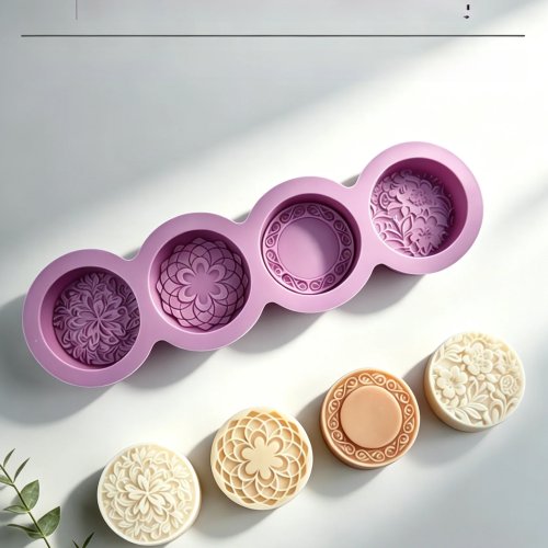 Khuôn silicon làm xà phòng DIY 4 ngăn họa tiết tròn, cho xà phòng handmade (cold process) - QingTian