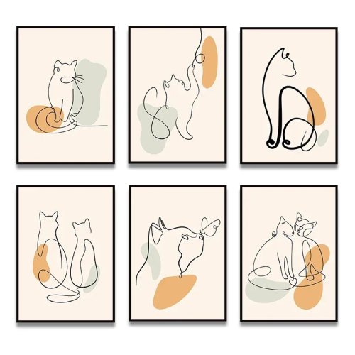 Tableau toile minimaliste « chat en une ligne » style nordique pour salon et chambre