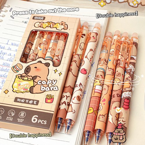 Radierbare Capybara-Gelstifte, 6er-Set – Nachfüllbar, Wischfest, Niedliche Tier-Motive für Schule & Büro, Geschenk