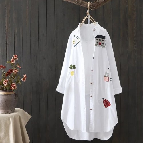 Camicia donna bianca lunga in cotone ricamata, vestibilità ampia, casual da ufficio, primavera/autunno