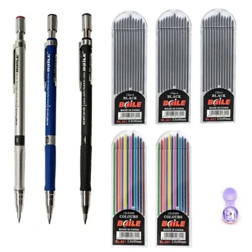 Set de porte-mines 2,0 mm avec mines 2B noires et colorées — Porte-mines automatique avec recharges, pour écriture, croquis et dessin (scolaire/art)