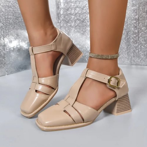 Sandales femme talon moyen bout carré à boucle – look automne, casual, bureau et soirée