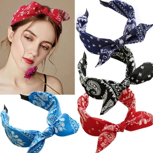 Paisley bandana turban headband with rabbit ears — knotted bow hairband for women & girls