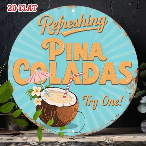 Rundes Metallschild 20 cm ‚Piña Colada‘ Kokos – rustikale Wanddekoration, tropisch