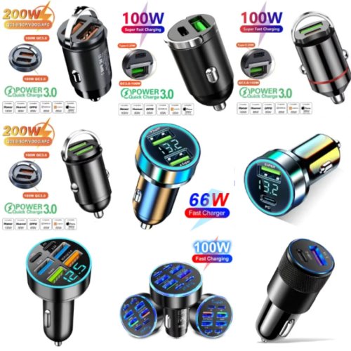 Carregador de carro mini 200W USB-C PD QC3.0 carga rápida para iPhone, Samsung, Xiaomi, Huawei