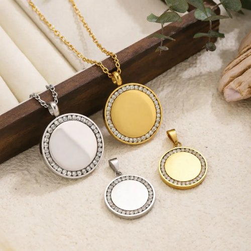 Pendente redondo espelhado em aço inox 21/30 mm com strass — charm para colar estilo hip hop, DIY, unissexo