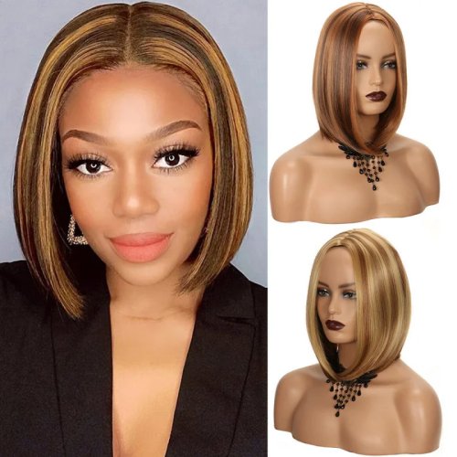 Women's short middle-part bob wig — slightly wavy, heat-resistant synthetic hair