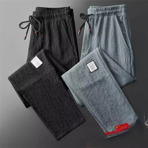 Pantalon casual homme Ice Silk été — léger et respirant, coupe ample et droite avec revers (9/10), disponible en grandes tailles
