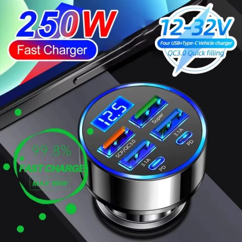 شاحن سيارة 250 واط PD QC3.0 – 5 منافذ USB، قابس ولاعة السجائر وشاشة رقمية