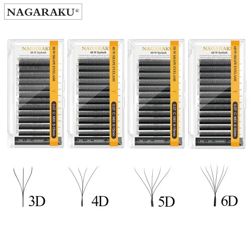 NAGARAKU Leques pré-montados W-Shape Bloom Pestanas 3D/4D/5D/6D – Naturais, macias e densas