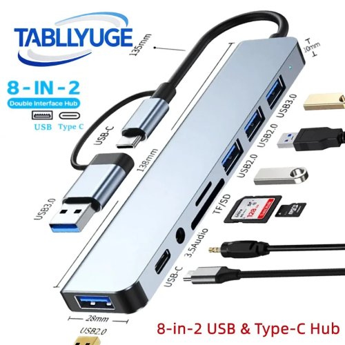 Hub USB-C USB 3.0 multipuertos con lector SD/TF, jack 3,5 mm y puertos USB para MacBook/PC/Portátil/Tablet