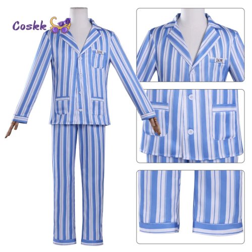 Disfraz cosplay masculino Ji Canghai (Naraka: Bladepoint) — bata de paciente azul a rayas clásica, corte holgado, set completo